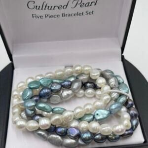 Genuine Cultured Pearl Blue Teal White Ombre Stretch Five Piece Bracelet Set New